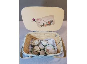 Vintage Child's Doll Tea Set (Made In Japan) In Original Painted Picnic Basket, Ceramic, Service For 6