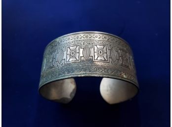 Vintage Nickel Silver Cuff Bracelet, Chased, 2.25' Across The Widest Point, 1' Wide