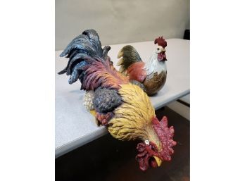 Shelf Overhanging Rooster & Chicken Figurine Sculptures, Painted Resin, 12' & 6' Long