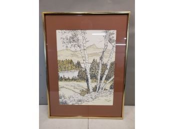 B. Elizabeth Barriere Folk Art Pen & Ink Drawing, Pencil Signed, New England Birch & Mountain Scene, 18x24