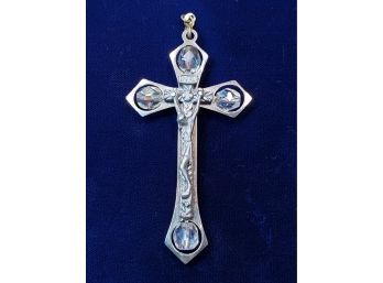 Modern Silver Tone Cross Crucifix Pendant With Pewter INRI Jesus & Rotating Crystals, 2-5/8'h
