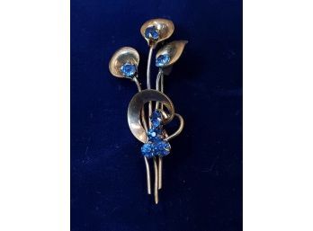 Blue Rhinestones & Gold Tone Lily Flower Pin Brooch, 2.25'h
