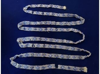 Antique Blue Tan & Clear Bead Work Necklace Ribbon Part With Diamond Design, 51' Long X 5/16' Wide