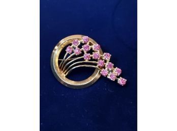 Pink Rhinestones & Gold Tone Flower Bouquet Pin Brooch, 1.75'w