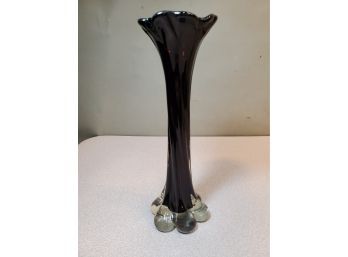 Art Glass Swung Vase, Black Glass With Dark Red Color Viewed In Light, Clear Base, Floral Form, 11.5'H