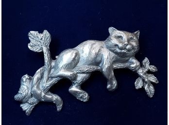 Vintage Spoontiques Pewter Pin Brooch, Cat On Tree Branch, Signed SPOONT 4I83 (1983?), 2-5/8'w