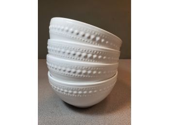 Set Of 4 Matceramica Portugal Pasta Or Large Salad Bowls, White With Embossed Beaded Bands, 6.5'd X 3.25'h