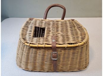 Vintage Fishing Creel Basket, Wicker & Leather, 13.5' X 6' X 7.25'H Plus 2.75' Handle Drop