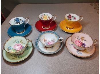 Lot Of 6 Royal Grafton Fine English Bone China Tea Cups & Saucers, Bright Red Yellow Blue Roses Gold Trim