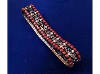 Arts & Crafts Bracelet, Copper Metalwork With Red & Tan Beads And/or Stones, Elastic, 6' Unstretched