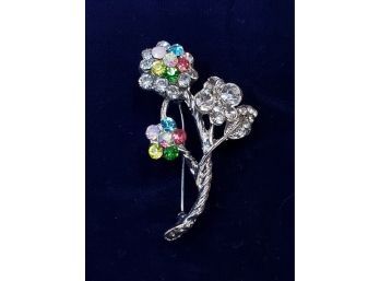 Multi-Colored & Iridescent Cluster & Clear Rhinestones & Silver Tone Flower Pin Brooch, 2'H