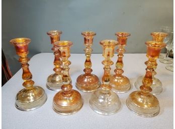 Set Of 8 Iridescent Marigold Carnival Glass Candle Sticks, 8.5'H X 4'd Each