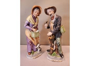 Pair Of Large 15' Painted Ceramic Figurines Statues: Old Woman & Old Man With Their Catch...