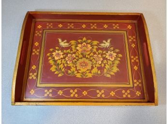 Hand Painted Butler's Serving Tray, India, Gold & Green On Red, 18' X 13.75' X 2.5'