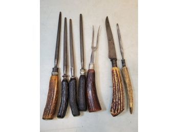 Lot Of Antique Stag Horn Cutlery: Bigelow Kennard Carving Knife, Stainless Fork, Lee's Sharpeners, 2 Sterling