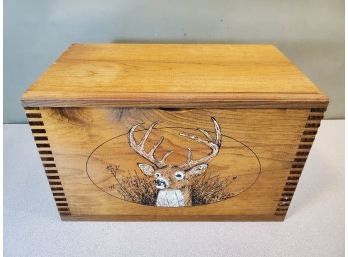 Hinged Wooden Box With 8 Point Buck Deer Decoration, Rope Handles, 16' X 8.75' X 10.25'h