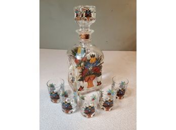 6 Piece Vintage Liquor Set, Bottle Decanter With Cork Stopper & 5 Shot Glasses, Floral Bouquet & Doves Decor