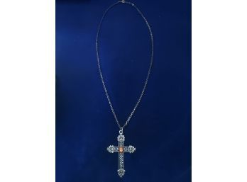 Ornate Black On Silver Tone Cross Crucifix Pendant With Russet Colored Stone (2.5'H) On 25' Chain