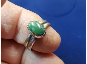 Sterling Silver Ring, 3/8' X 5/16' Green Stone W Brown Inclusions, Size 8, Signed B In Square 925, 4.0g Total