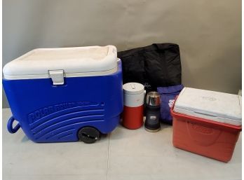 Lot Of Coolers: Igloo Polar Roller, Coleman, 2 Promotional Soft Sided, Coleman PolyLite, Thermos Work Bottle