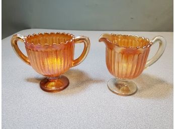 Fenton Iridescent Marigold Carnival Glass 'Stippled Rays' Creamer & Sugar Set