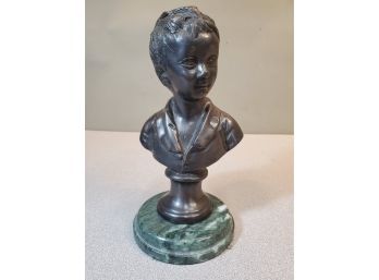 Vintage Bronze Bust Of A Boy On Green Marble Base, 9'H X 4.5'D