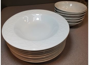 Lot Of Oneida Picnic White Lattice China Dinnerware, (8) 9' Rimmed Soup Bowls, (6) 6.5' Cereal Bowls