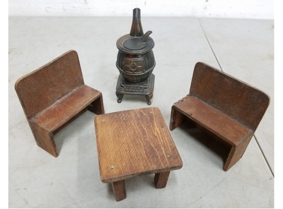 Vintage Dollhouse Furniture, Table & Benches Made From Old Box, Spelter No.2 Parlor Stove