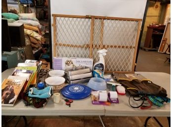 Large Lot Of Dog Supplies Including Gate, Training Books, Dishes, Stakes, Stain & Odor Eliminator, Leashes Etc