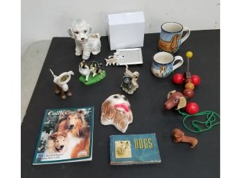 Collection Of Dog Figurines, Mugs, Books, Toy Including Vintage Kunstlerschulz West Germany