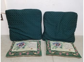 2 Pairs Of Throw Pillows: (2) Hunter Green Diamond Pattern 20x20, (2) Floral Embroidered Verse 17x12 Green Tan