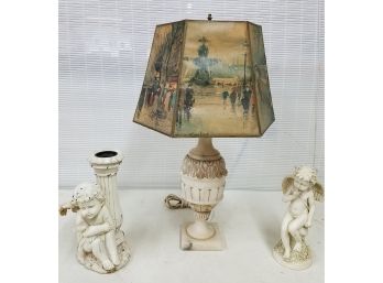 Lot Of Classical Decorative Items: Vintage Carved Alabaster Lamp With French Scene Shade, Cherub Items
