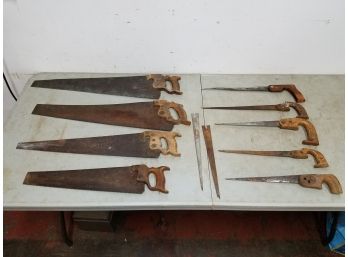 Lot Of Antique & Vintage Hand Saws Including Cross Cut & Keyhole, Plus 2 Blades