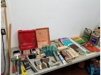 Large Lot Of Painting Supplies Including Brushes Rollers Scrapers Calking Long Handles Sand Paper Etc