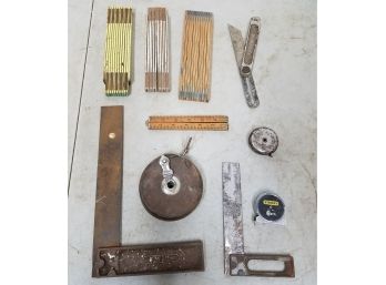 Lot Of Antique & Vintage Measurement Tools, Tape Measures Rules Bevel Gauge Squares