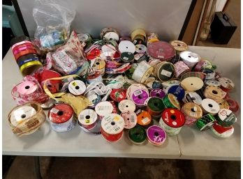 Large Lot Of Ribbon Including Fabric Giftwrap Wired Specialty Metallic Christmas Etc