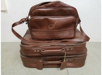 3 Piece Set Vintage Stylish Brown Vinyl Soft Sided Suitcases Luggage, Nesting