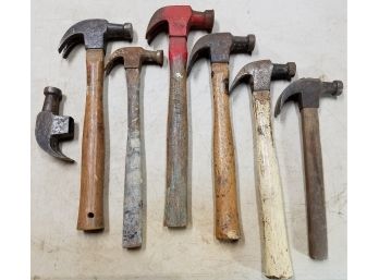 Lot Of 7 Vintage Hammers, Wooden Handles, 9 To 24 Ounces
