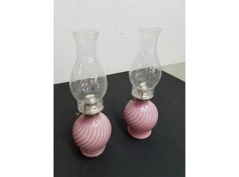 Pair Of 15-1/2' Kaadan Oil Lamps, Pink & Nickel, Unused