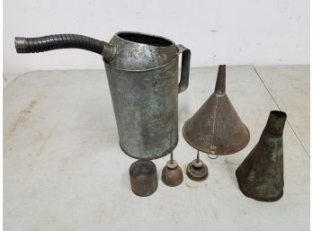 Lot Of Antique Service Station Tin Oil Cans & Funnels Including Eagle 1923 Patent