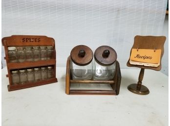 Lot Of Wooden Kitchen Items: Canisters, Recipe Holder, & Spice Rack With 12 Bottles