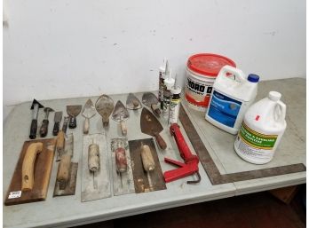 Lot Of Masonry Tools & Supplies Including Floats Trowels Knives Square Calking Etc.