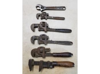 Lot Of 6 Antique Adjustable Pipe Monkey Wrenches, Stillson Walworth MoroCo Trimont Money's Worth Morco