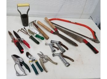 Lot Of Gardening Tools Including Saws Clippers Hose Nozzles, Etc