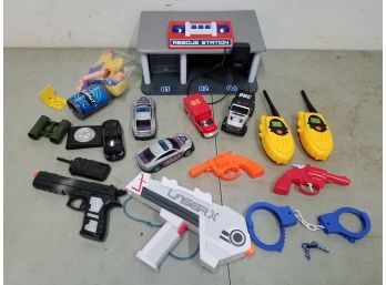 Lot Of Rescue Station Kid's Police Kit, Laser X Pistol, Nerf Gun, Walkie Talkies