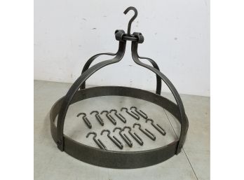 Forged Iron Hanging Pot Rack, 19-1/2' Diameter X 16' High Overall, Includes Hooks Shown