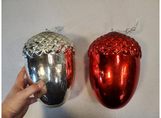 2 Huge Christmas Acorn Ornaments, Silver & Red Glass With Ribbon Hangers, 11'h X 7.5'd Each