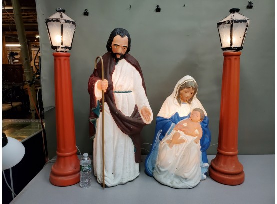 Large Vintage TPI Outdoor Blow Mold Christmas Nativity Set, 36' Joseph, 26' Mary & Jesus, 40' Lanterns