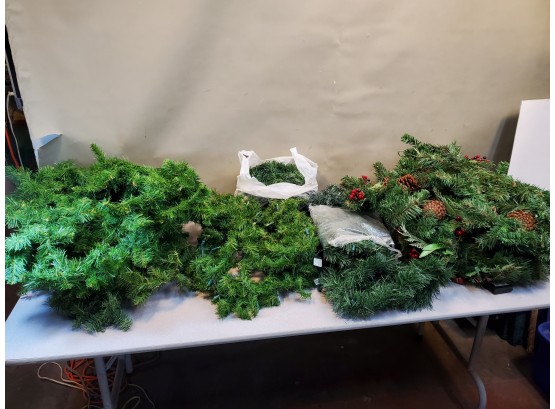 Lot Of Artificial Evergreen Christmas Garland, Mixed Prelit & Unlit & Decorated, Various Lengths