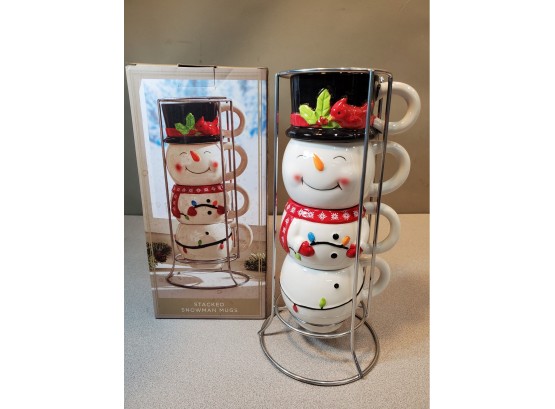 The Paper Store Legacy & Main Collection Stacked Snowman Mugs In Box, Ceramic & Wire Frame